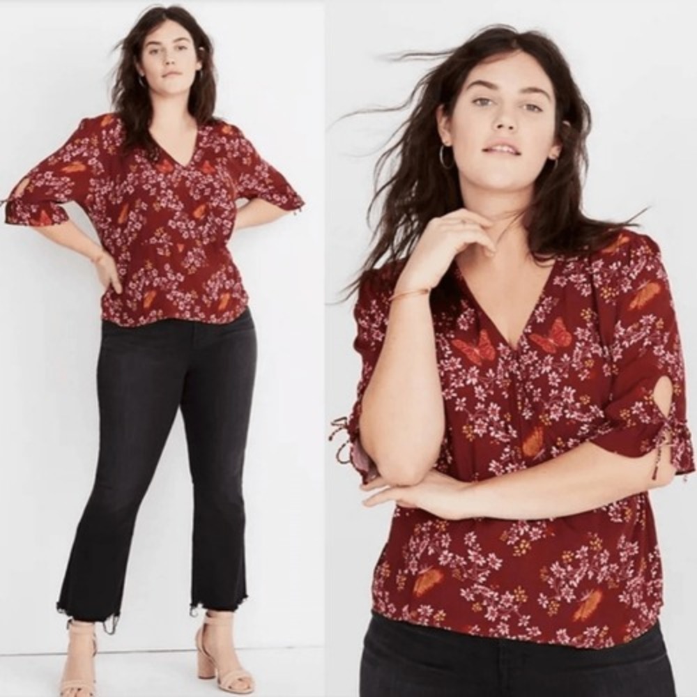 Madewell -284 NWT Tie-Sleeve Wrap Top in Butterfly Sanctuary Burgundy Size‎ 18